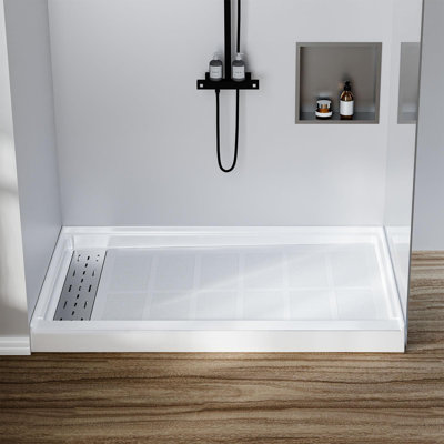 Shower Pan 48" x 32", Non-Slip Shower Base with Left Drain & 3-Sided Splash Guard, Includes 304 Stainless Steel Long Drain Cover & Drain Assembly for Bathroom Floor, White