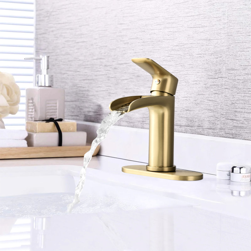 Brushed Gold Bathroom Sink Faucet - Single Handle Waterfall With Deck Plate & Overflow Drain Innovation Pop Up Precision
