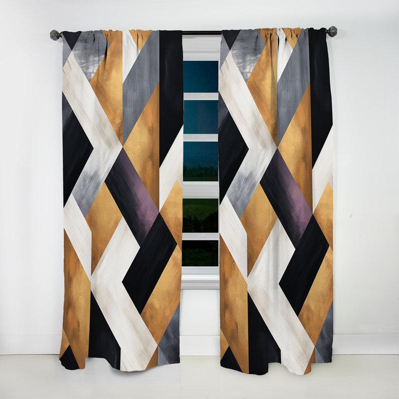 Carreaux géométriques noirs et dorés Laporte I - Rideau en velours moderne - obscurcissant - 1 panneau, L 52 po x L 120 po