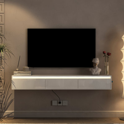 Meuble télé flottant mural ultrabrillant avec lumières DEL et prise de courant, armoire pour salon de 60 à 69 po, blanc, grand rangement, sensible au toucher, matériel de gestion des câbles, rangement ouvert