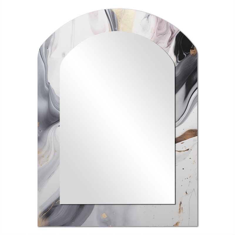 White And Grey Ripples Of Stone I - Marble Arch Mirror, White Asymmetrical Unique Wall Mirror, Printed Metal Art, 34'' x 25''