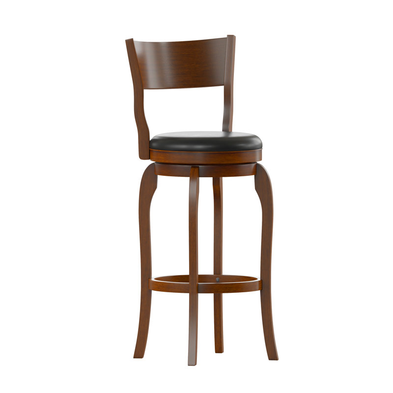 Enola Antique Oak Swivel Bar Stool with Black Faux Leather Seat
