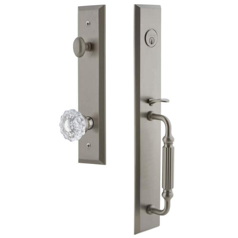 Fifth Avenue One-Piece Dummy Handleset with F Grip and Versailles Knob, Satin Nickel