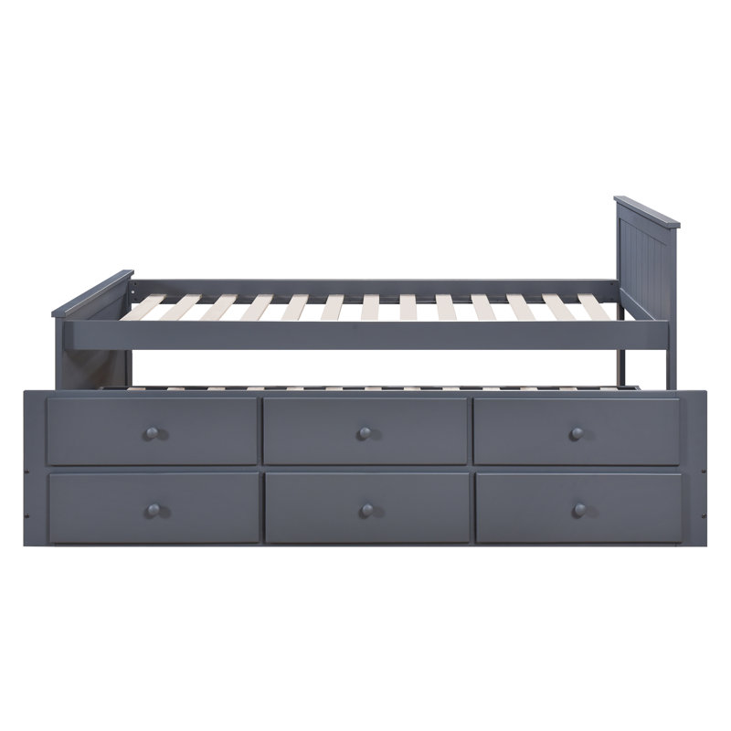 Twin Platform Bed W/ Trundle And Drawers (Fully Slated), Dark Gray