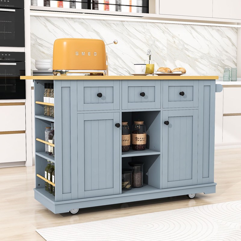 Kitchen Island Cart with Drop Leaf, Power Outlets and Ample Storage on Wheels, Gray Blue