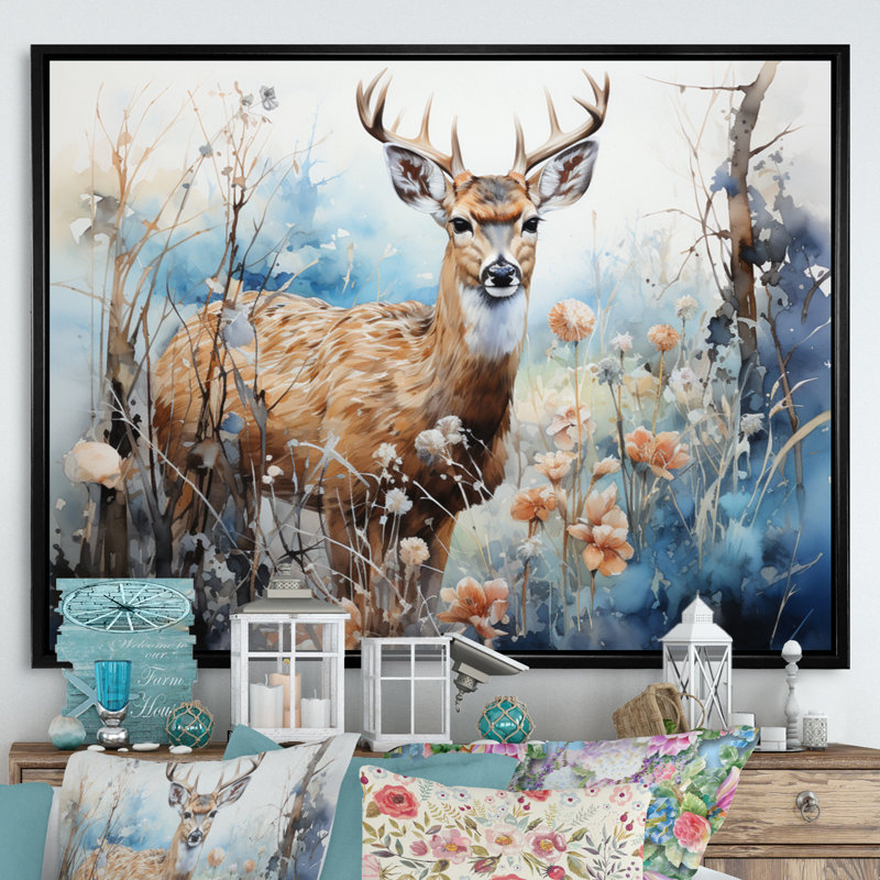 «Deer Winters Embrace I», reproduction sur toile, H 12 po x l 20 po x P 1 po, Cadre flottant noir