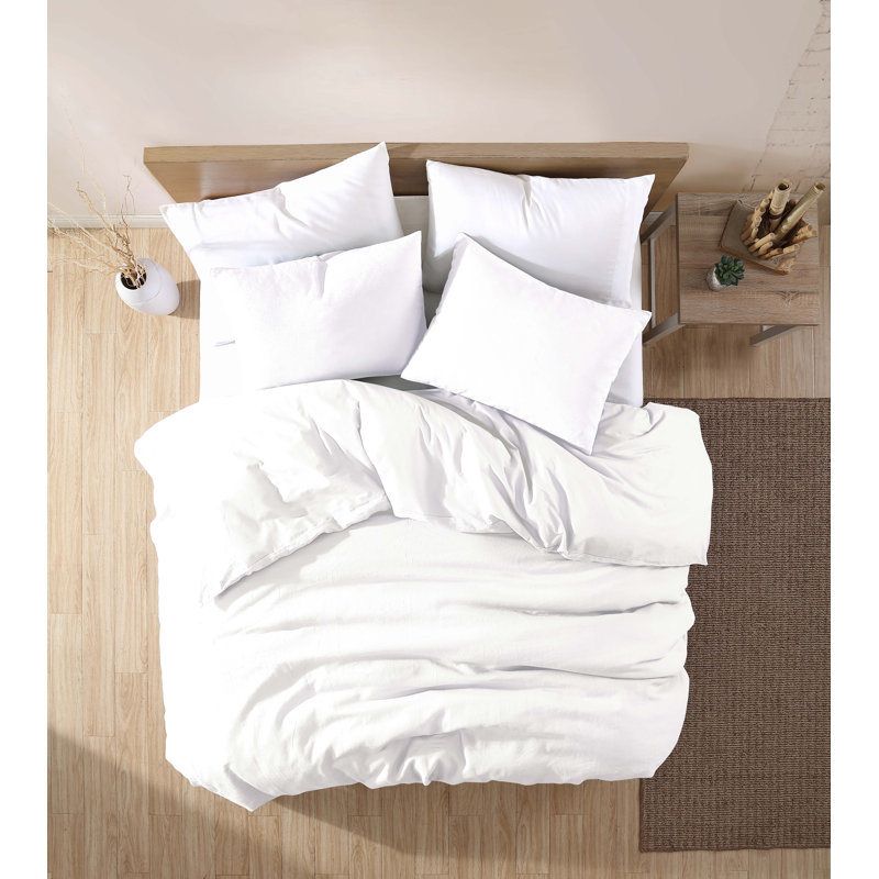 Ensemble d'édredon en lin 3 pièces Flanary Hilma, Grand édredon + 2 taies décoratives standard, Blanc