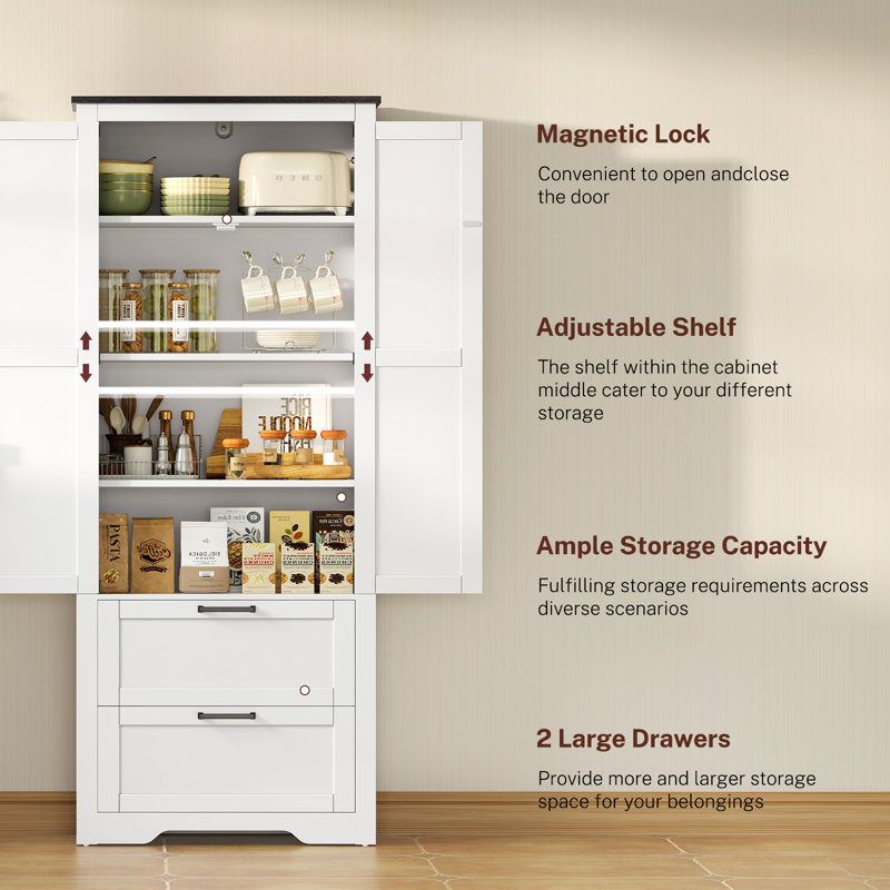 Farmhouse Storage Cabinet, Bathroom Storage Cabinet With With 2 Doors & Drawers, 66.2" H x 23.6" W x 11.8" D, White