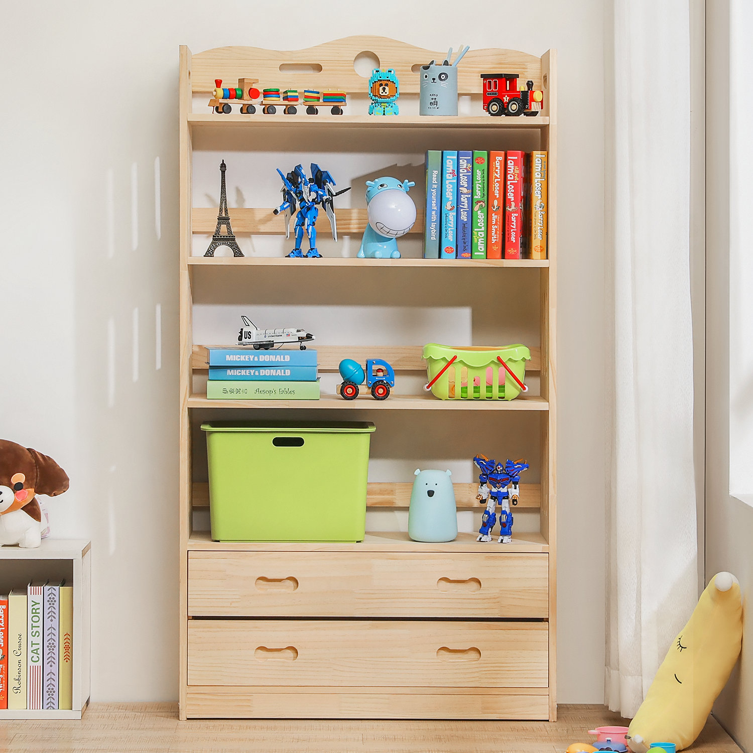 MoNiBloom Wood 4 Tiers Standard Bookcase, Books Toys Storage Bookshelf for  Living Room