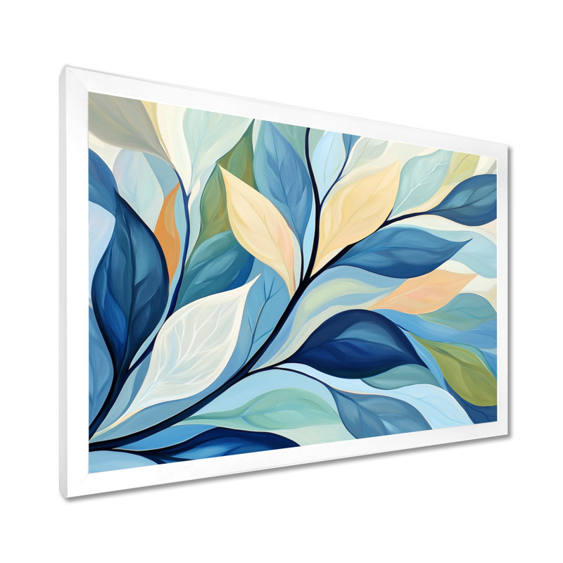 Décoration murale feuilles sépia bleu et vert délavées, H 12 po x l 20 po, Reproduction encadrée d'une seule photo sans pass