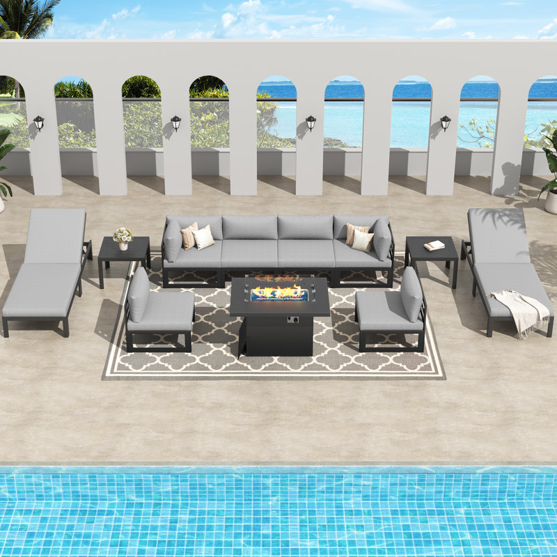 Ensemble modulaire d'extérieur en aluminium pour 8 personnes avec méridienne et coussins Glenita, Gris clair