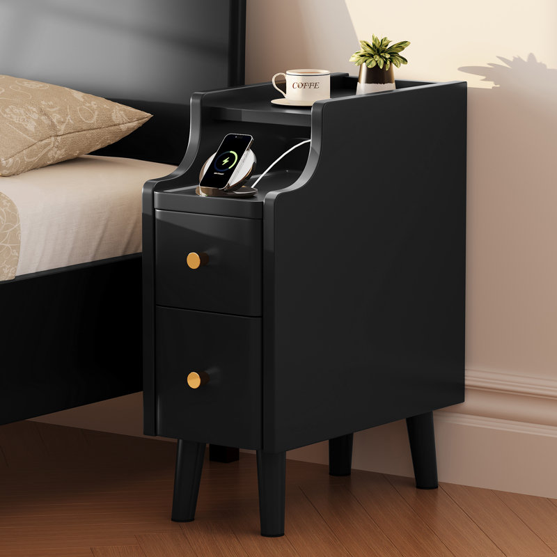 Narrow Nightstand with Drawers, 7.9" Solid Wood Side Table for Small Spaces, Small Bedside Table for Bedroom with Pull-Out Tray, Black