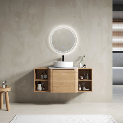 Meuble-lavabo mural 48 po avec lavabo d'art en céramique et 2 tablettes de rangement, porte à fermeture en douceur, contreplaqué