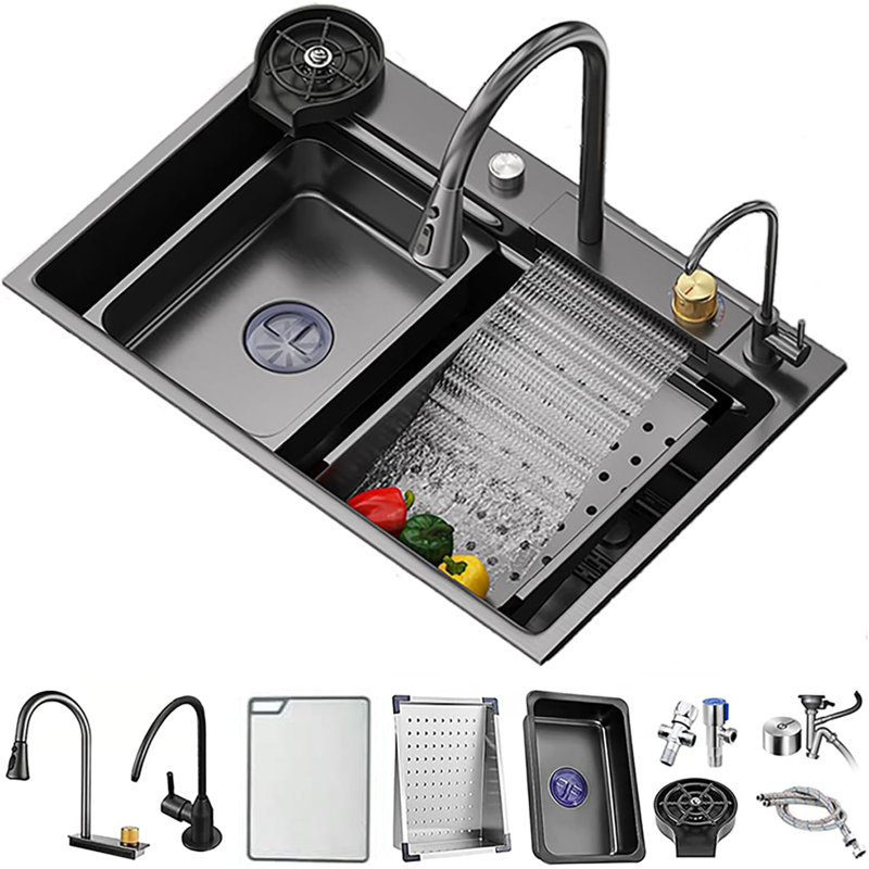 Ensemble d'évier de cuisine en acier inoxydable avec robinet à cascade et bec rétractable (80 x 45 cm)