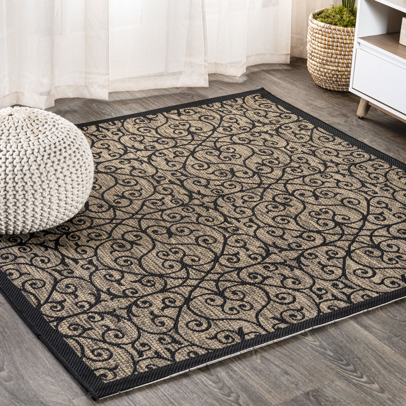 Haggerty Vintage Filigree Textured Weave Black/Khaki Indoor/Outdoor Rug, Square 3'11"