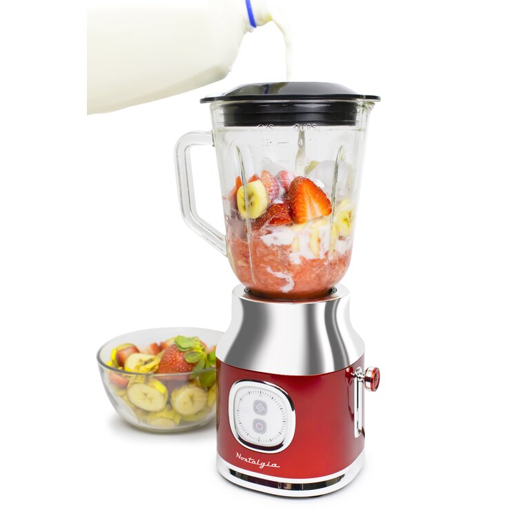 Nostalgia Classic Retro Electric Pulse Blender, 1 Liter Glass Pitcher,  Includes Tritan Personal Travel Bottle With Lid And Storage Container, High