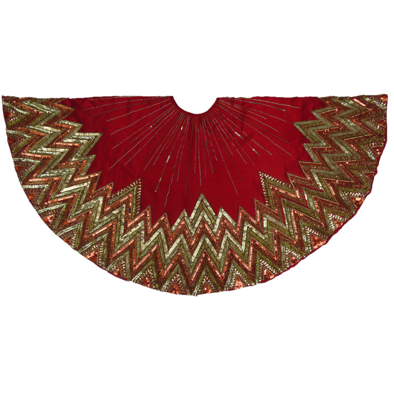 Handmade Garnet Red and Gold Beaded Christmas Tree Skirt