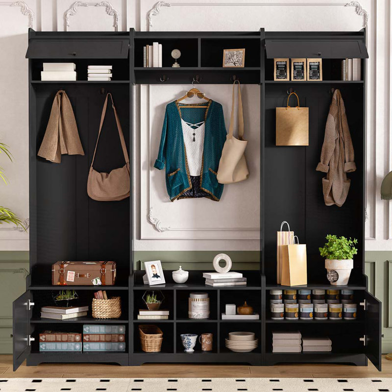 79.1"Wide Modern Hall Tree with Shoe Storage, 8 Cubbies, 7 Coat Hooks & Adjustable Shelf