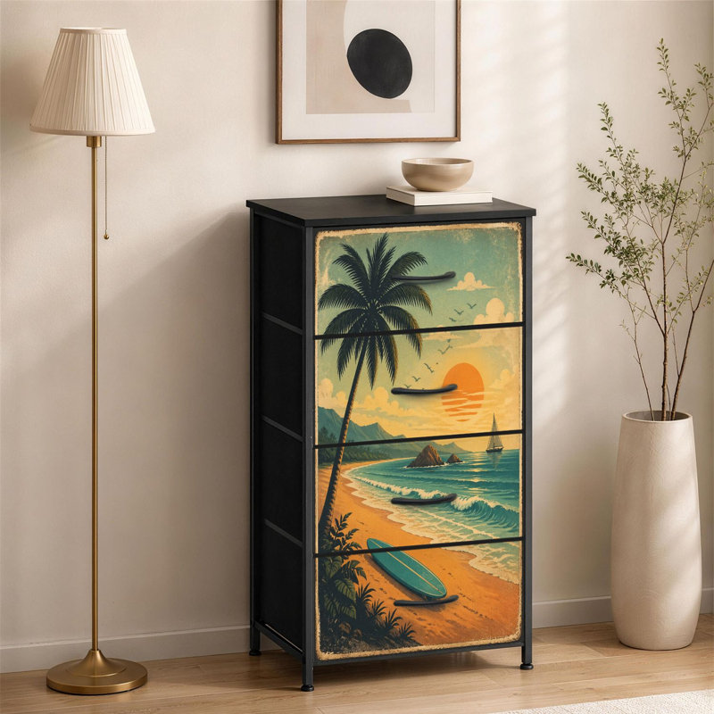 Commode 4 tiroirs pour chambre à coucher Tropical Beach Palm Tree Surfboard Vibrant Sunset