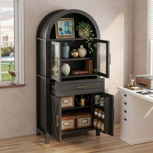71" Tall Arched Kitchen Pantry Cabinet With Glass Door - Farmhouse Storage Cupboard With 2 Adjustable Shelves & 1 Drawer - 31.5" Wide Display Hutch - Black
