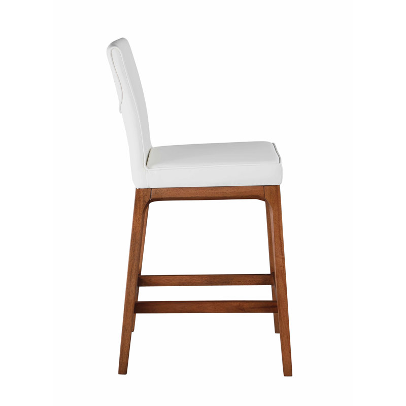 Emma White Faux Leather Low-back Counter Stool with Walnut Wood Base