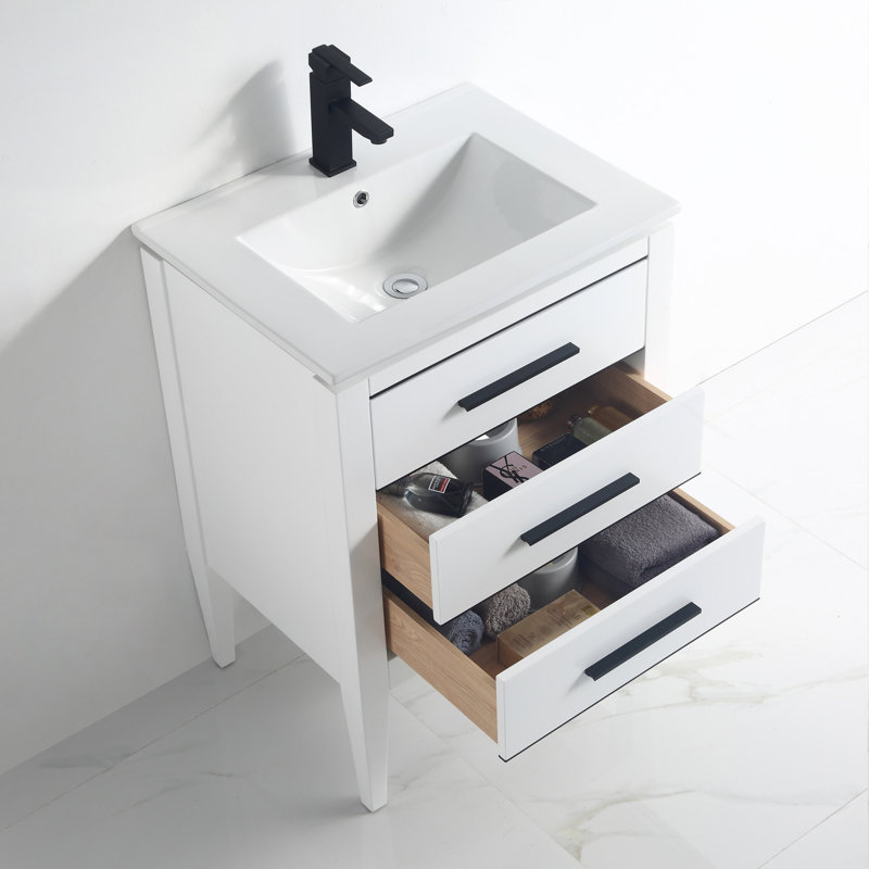 Stewie 24'' Single Bathroom Vanity with White Ceramic Top – Soft Close Drawers & Freestanding Design, White/Black