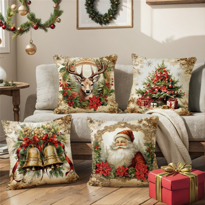 Housses de coussin décoratives de Noël 4 pièces avec motifs de rennes et de bonhommes de neige