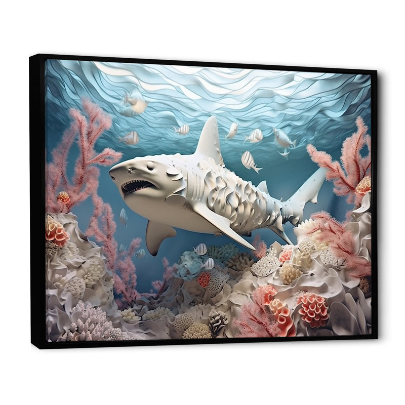 Coral and Sharks Collage Symetry - plage et océan, impressions sur toile, Cadre flottant noir, H 34 po x l 44 po x P 1,5 po