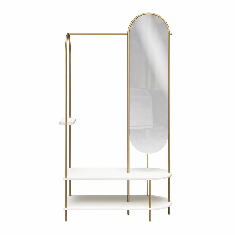 White and Gold Metal Valet Stand with Mirror