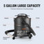 Ash Vacuum Cleaner, 5 Gallon with 1200W Powerful Suction, 16.4 ft Power Cable, 16 Kpa Max. Vacuum, Fireplace Vacuum with Reverse Suction, Pellet Stoves, Wood Stove, Log Burner, Designed for Fireplaces