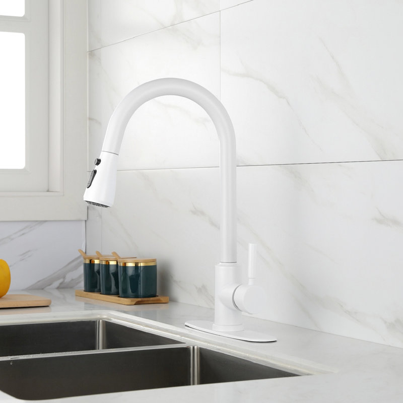 White Stainless Steel Kitchen Faucet, Pull Out Spray Head Included, Modern Design For Stylish Kitchen, 360 Rotatable Nozzle, Two Water Output Options, Easy Single Handle Control Faucet In Steel,