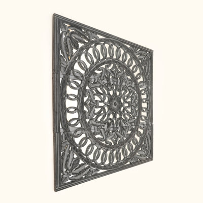 Wooden Handcrafted Wall Panel with Mirror, 48x48 inch 3-Piece Decorative Wall Art Intricate Carved Wood Wall Décor for Living Room, Bedroom, Entryway & Hallway