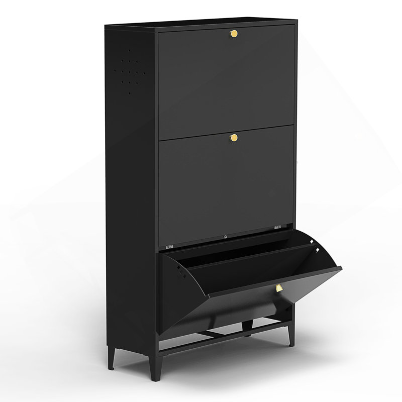 3 Drawer All Steel Shoe Cabinet, Freestanding Shoe Rack Storage Organizer With Flip Door, Modern Tipping Bucket Shoe Cabinet For Entryway, Hallway, Bedroom