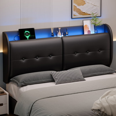 Tête de lit tapissier à oreilles avec tablette de rangement, USB et lumière ambiante
