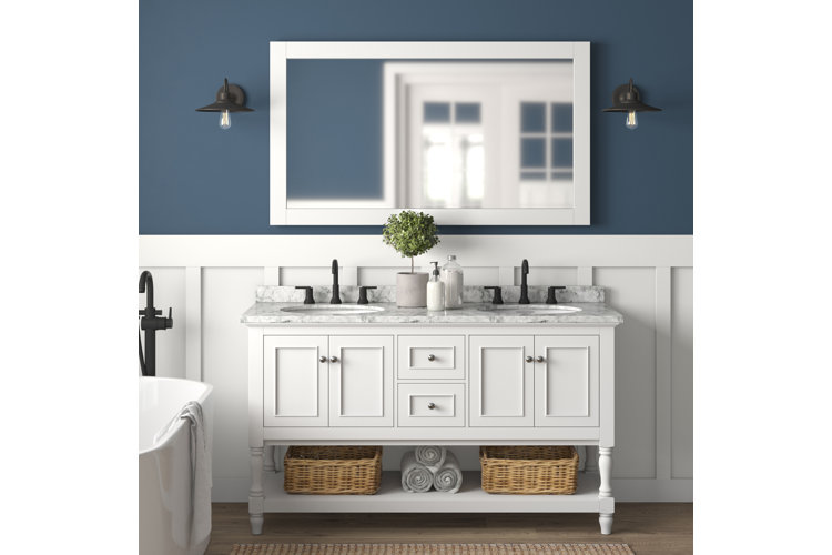 white modern bathroom with navy wall