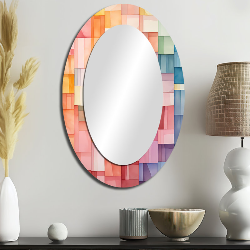 Hardedge Pastel Symetry I - Abstract Oval Decorative Mirror On Metal, 36" x 24"