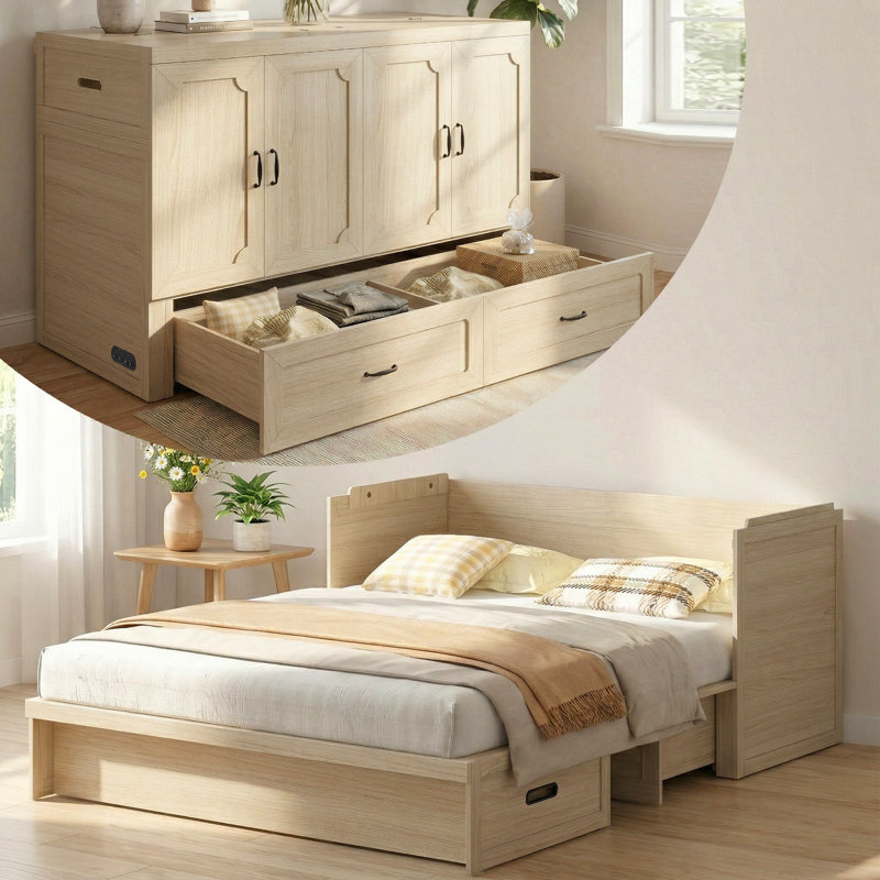 Grand lit escamotable de 63 po avec tiroirs de rangement, station de charge intégrée et matelas inclus, Naturel