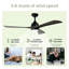 Ventilateur de plafond 52 "à pales en bois massif 52" avec lumières télécommandées, ventilateur de plafond silencieux à 3 pales avec moteur à courant continu 6 niveaux, ventilateur de plafond réversible, pour salon de patio, chambre à coucher, bureau, intérieur