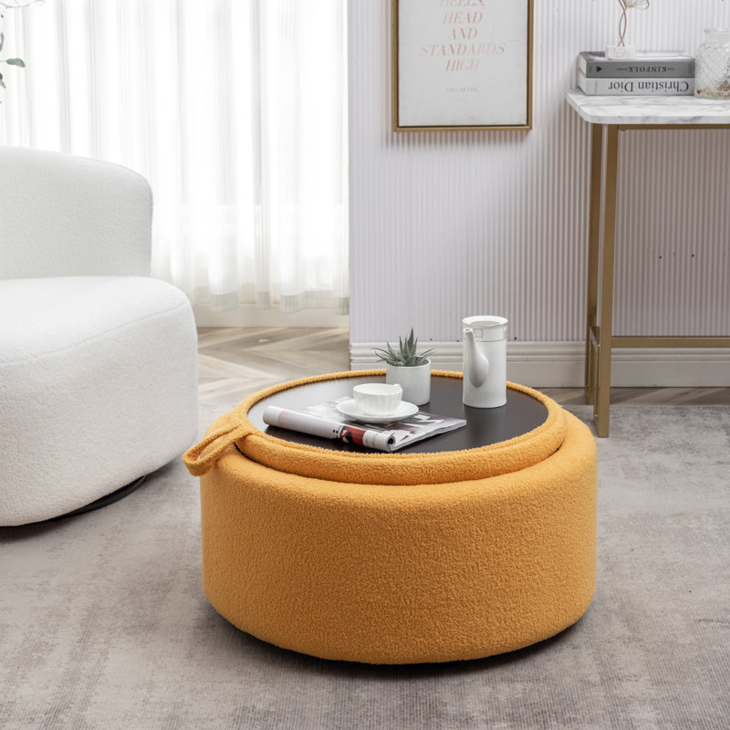 Savinien Upholstered Round Storage Ottoman, Yellow Boucle