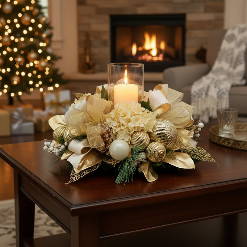 Glass Vase Centerpiece With Hydrangeas, Balls, Pinecones, Berries And Bows