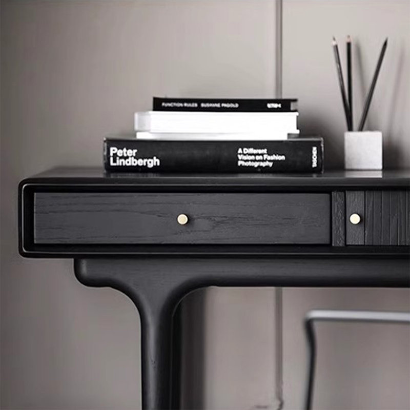 Bureau d'écriture rectangulaire en bois massif noir avec tiroirs, Noir