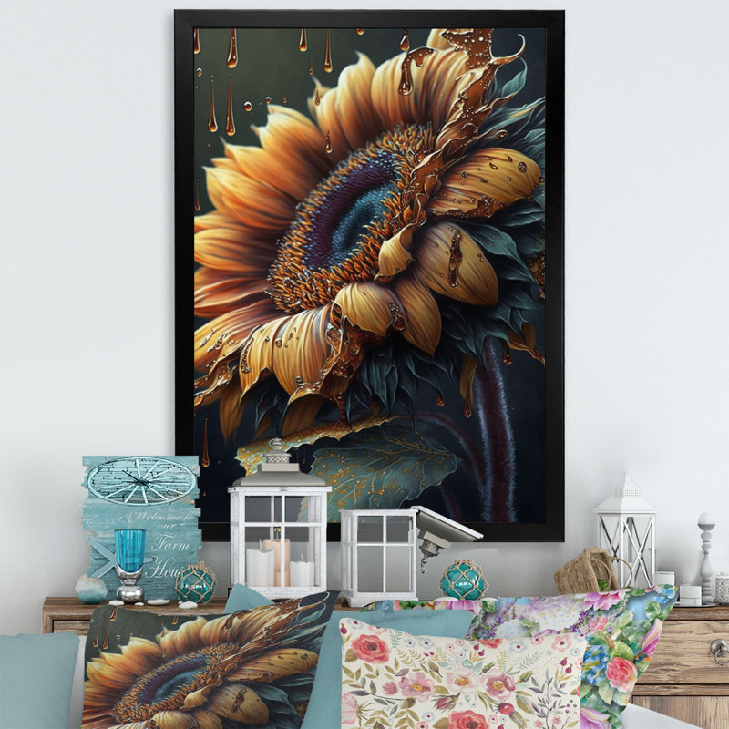 Tournesol réaliste - art mural grand tournesol, Cadre photo noir, H 40 po x l 30 po x P 1,5 po