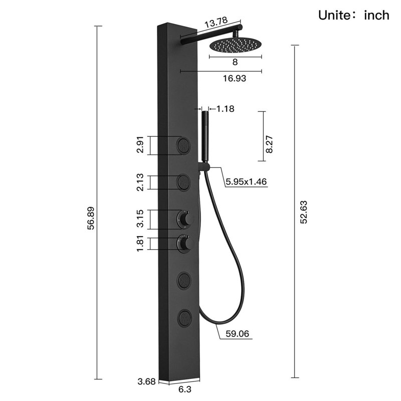 Système de tour de douche à inverseur 3 voies avec pomme de douche réglable, Noir mat