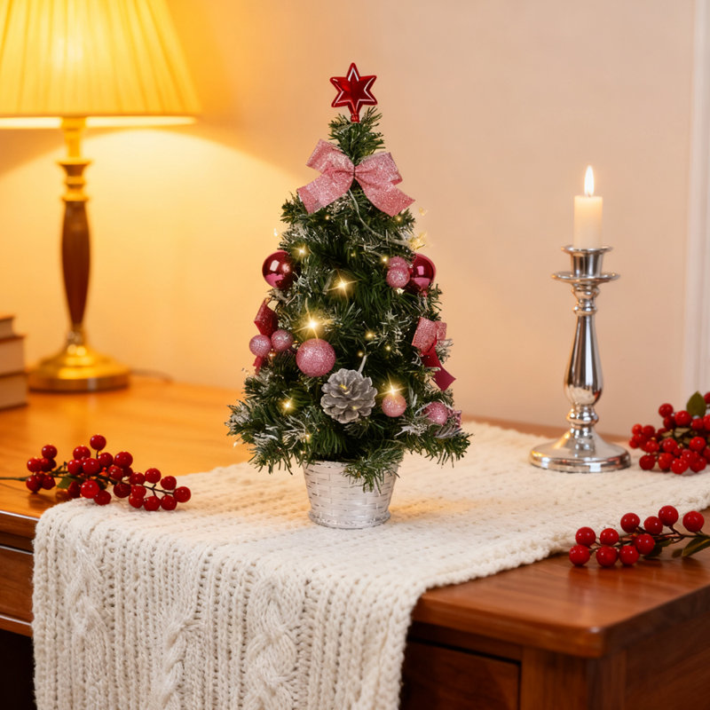 Arbre de Noël de table 18 pouces, mini arbre de Noël artificiel avec nœud, pommes de pin et boules décoratives, décoration de table de fête