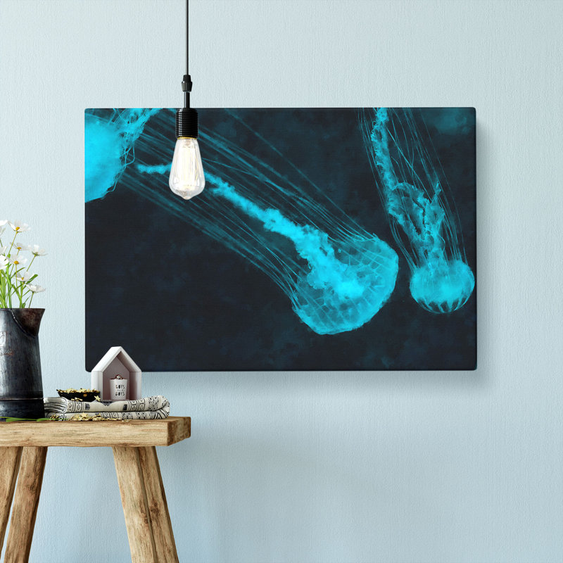 Neon Blue Jellyfish - Wrapped Canvas, 40cm H x 60cm W x 3cm D