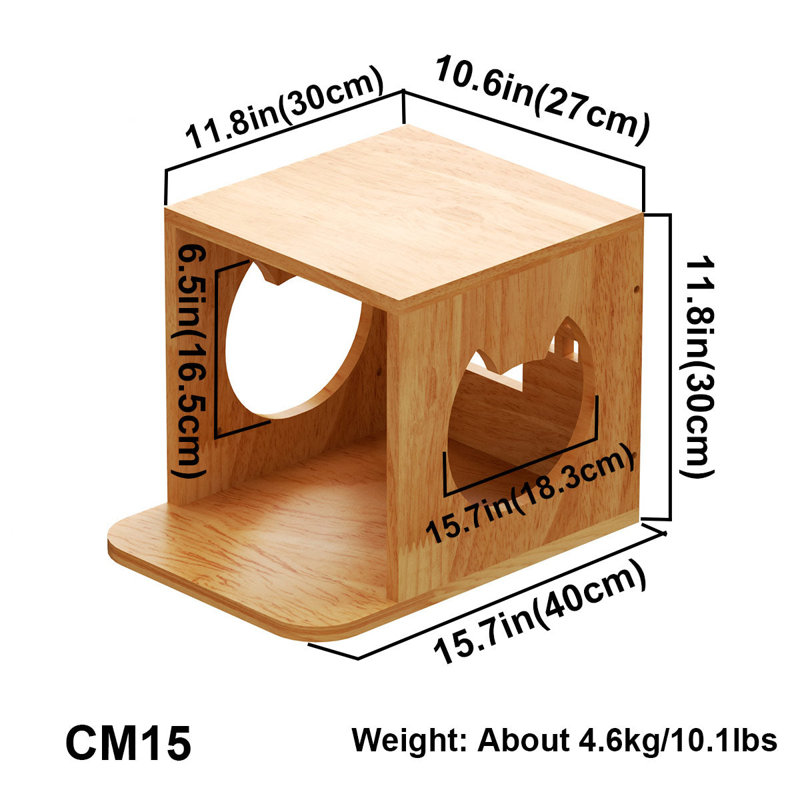 Solid Wood Wall Mounted Cat House with Front Perch