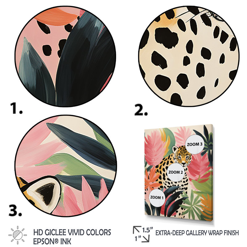 Vert et rose léopard, élégance tropicale I - art mural léopard / guépard, H 44 po x l 34 po x P 1,5 po, Cadre simple noir