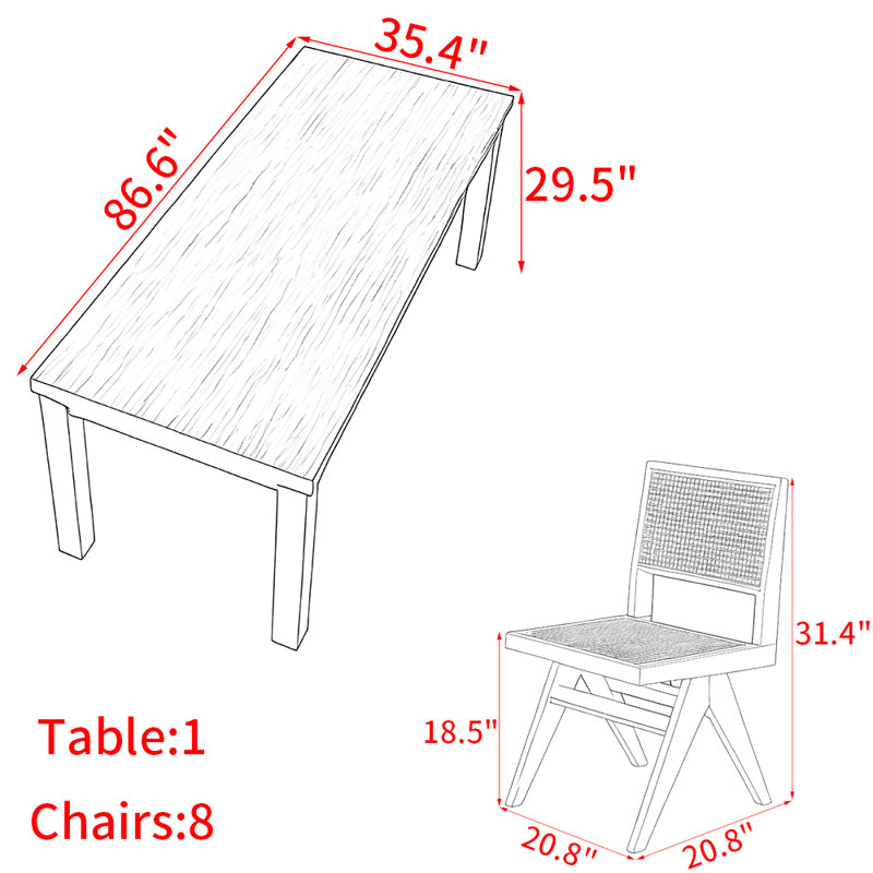 Ensemble de table de salle à manger en bois massif de style nordique, H 29,5 po x L 86,6 po x l 35,4 po