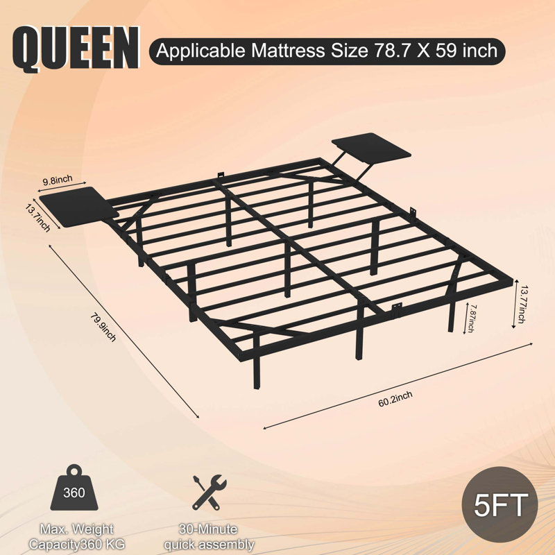 Structure de lit robuste en métal avec lumière DEL et support silencieux
