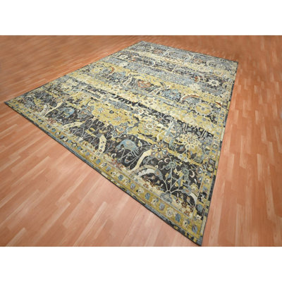 Tapis oriental 12 pi x 15 pi 1 po brun, cassé et effacé d'inspiration persane avec motif d'oiseaux, noué à la main, abat-jour distinct, rasé, laine pure, tapis oriental